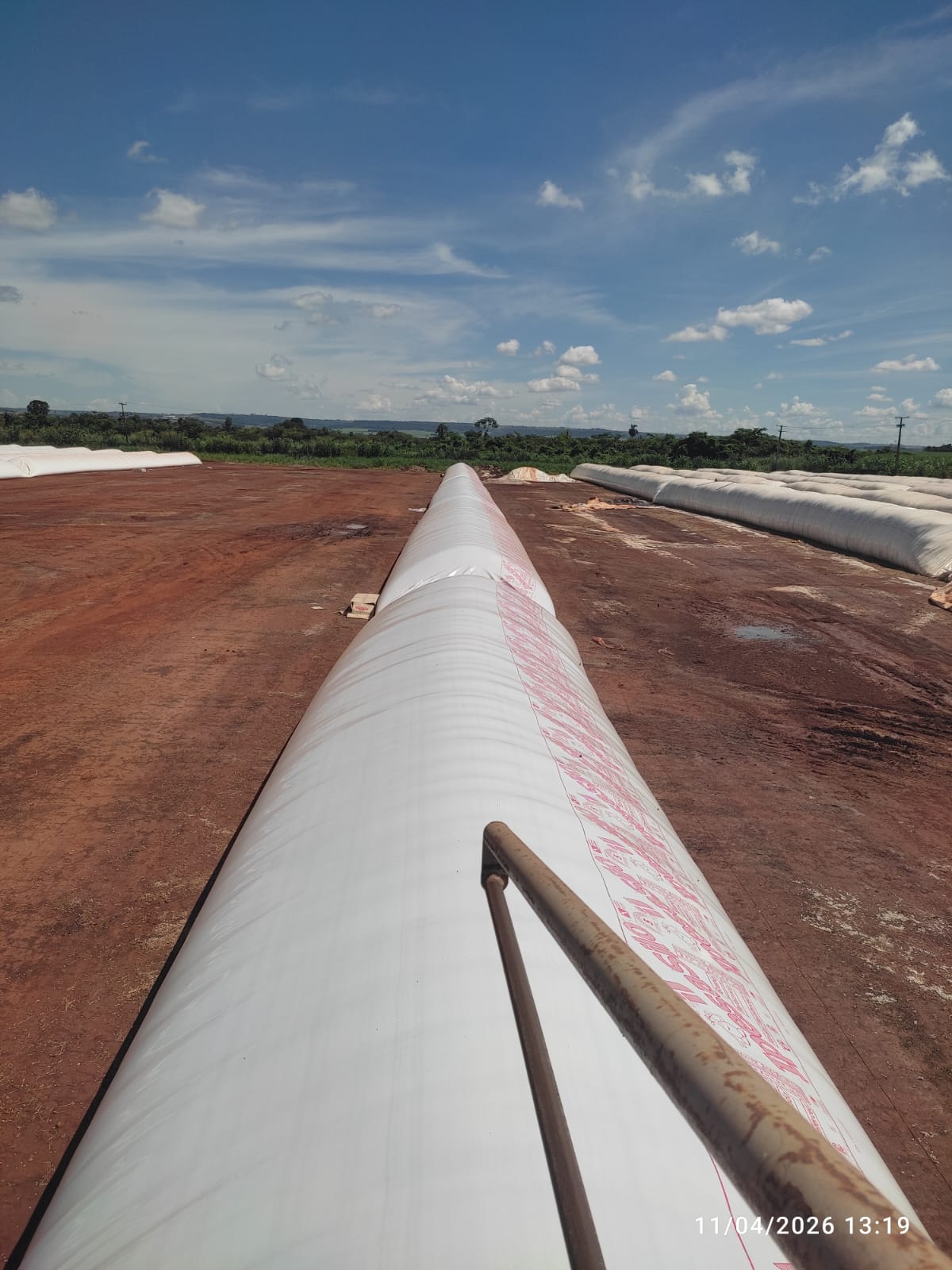 Vista longitudinal de um silo-bolsa branco
