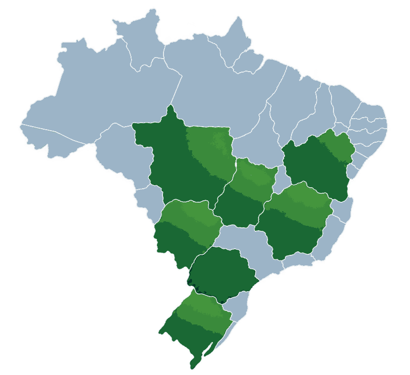 Mapa ilustrativo do Brasil, com destaque para o Paraná e outras regiões agrícolas de atendimento da FR SILOS.